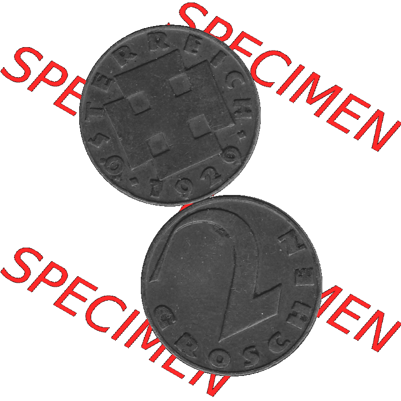 Alte Münze 2 / Zwei Groschen Österreich in s/w Schwarzweiß bzw. Graustufen Farbgebung von Scanner transparenten PNG 1925-1938, 2 Zwei Groschen, Krückenkreuz... Sammlung