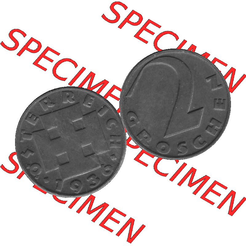 Alte Münze 2 / Zwei Groschen Österreich in s/w Schwarzweiß bzw. Graustufen Farbgebung von Scanner transparenten PNG 1925-1938, 2 Zwei Groschen, Krückenkreuz... Sammlung