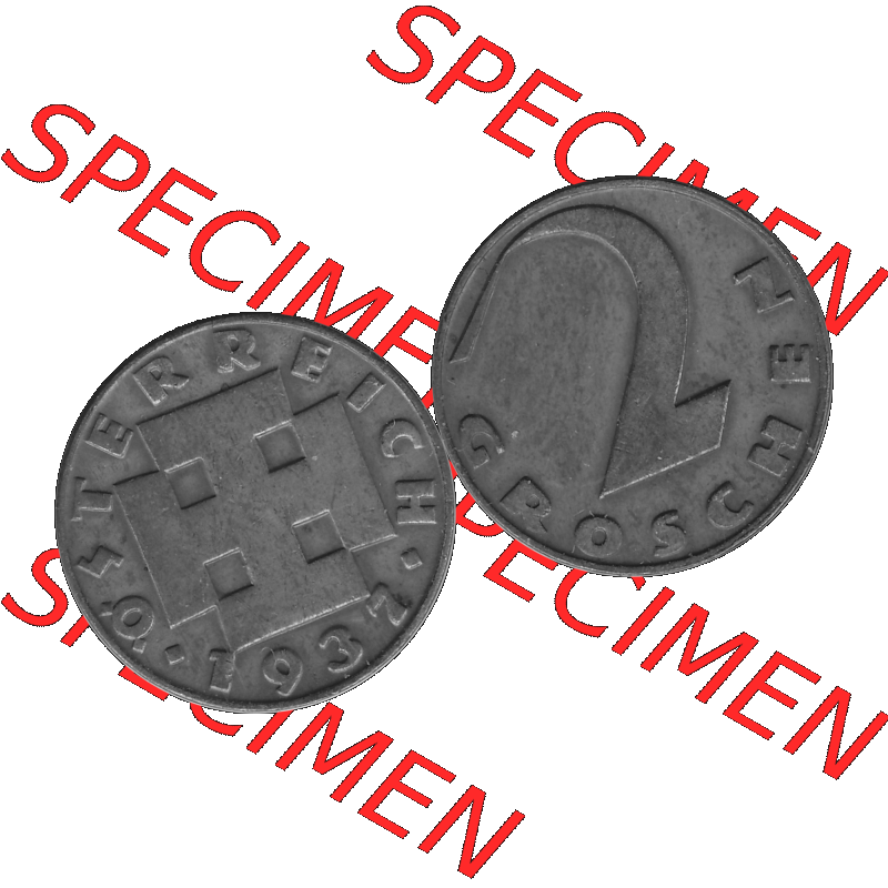 Alte Münze 2 / Zwei Groschen Österreich in s/w Schwarzweiß bzw. Graustufen Farbgebung von Scanner transparenten PNG 1925-1938, 2 Zwei Groschen, Krückenkreuz... Sammlung