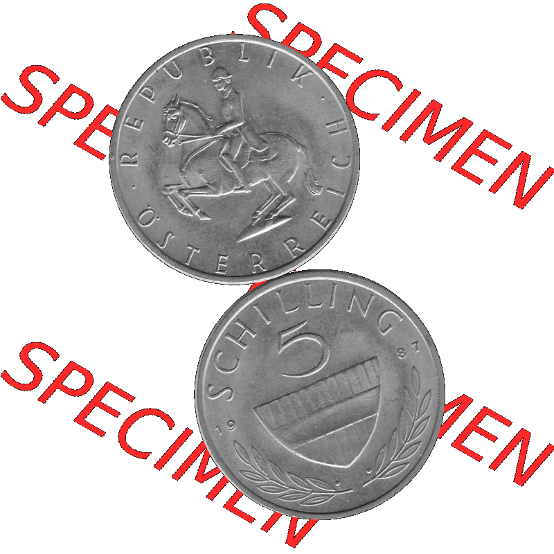 Alte Münze 5 / Fünf Schilling Österreich in s/w Schwarzweiß bzw. Graustufen Farbgebung von Scanner transparenten PNG 1968-2001, 5 Schilling 1987-02, Reiter... Sammlung