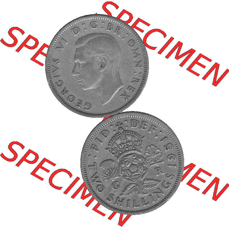 Alte Münze Großbritannien, Bild in s/w bzw. Graustufen PNG-Grafik, Umlaufmünze aus dem Zeitraum 1949-1951, 2 Schilling-Florin, Two Shillings, 1951-03,... Sammlung