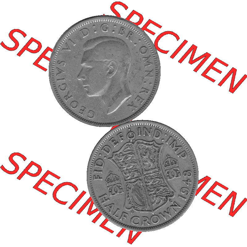 Alte Münze Großbritannien, Bild in s/w bzw. Graustufen PNG-Grafik 1947-1948, Halbe - 1/2 Krone, Half Crown 1948-01, George VI, FID DEF IND IMP HALF... Sammlung