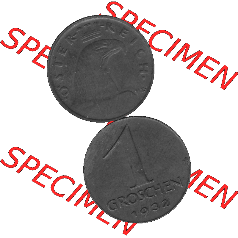 Alte Münze 1 / Ein Groschen Österreich in s/w Schwarzweiß bzw. Graustufen Farbgebung von Scanner transparenten PNG 1925-1938, 1-Ein Groschen, Adlerkopf mit Mauerkrone... Sammlung