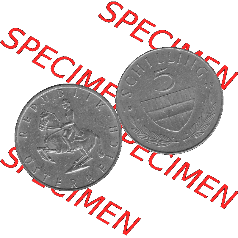 Alte Münze 5 / Fünf Schilling Österreich in s/w Schwarzweiß bzw. Graustufen Farbgebung von Scanner transparenten PNG 1968-2001, 5 Schilling 1970-01, Reiter... Sammlung