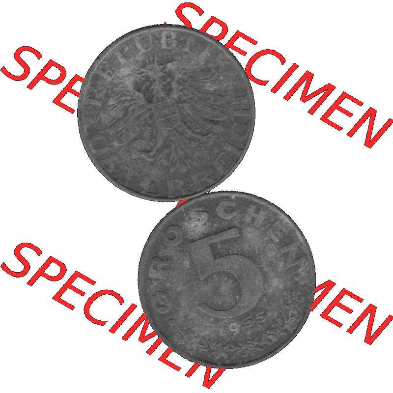 Alte Münzen Österreich 5 / Fünf Groschen in s/w / grau / Graustufen 1948-1994, 5 Groschen 1955-01 Graustufen. Vorderseite und Rückseite in Graustufen der... Sammlung