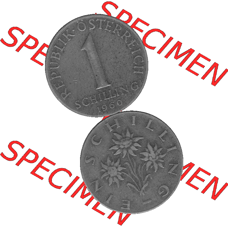 Alte Münzen Österreich 1 / Ein Schilling in Graustufen 1959-2001, 1 Schilling 1960-01, Ein Shilling Edelweiß Graustufen. Vorderseite und Rückseite in Graustufen... Sammlung