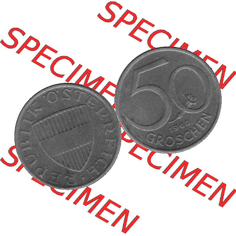 Alte Münze 50 / Fünfzig Groschen Österreich in s/w Schwarzweiß bzw. Graustufen Farbgebung von Scanner transparenten PNG 1959-2001, 50 Groschen 1968-01, Bindenschild... Sammlung