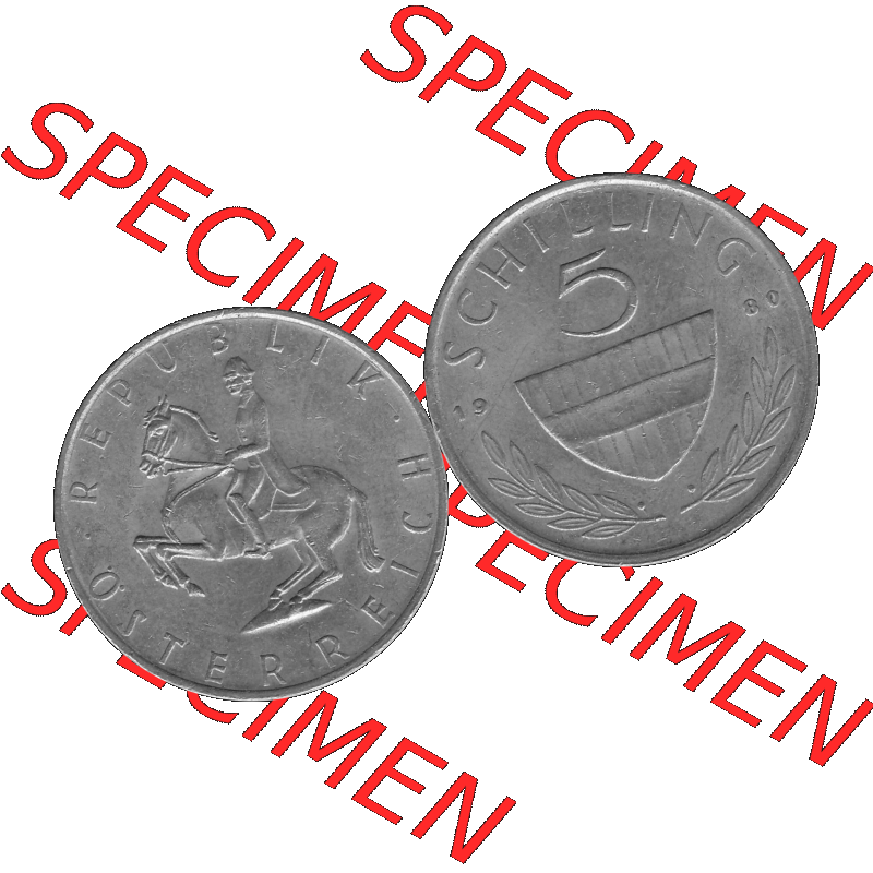 Alte Münze 5 / Fünf Schilling Österreich in s/w Schwarzweiß bzw. Graustufen Farbgebung von Scanner transparenten PNG 1968-2001, 5 Schilling 1980-01, Reiter... Sammlung