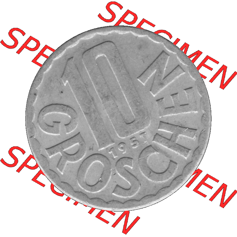 Alte Münze 10 / Zehn Groschen Österreich in s/w Schwarzweiß bzw. Graustufen Farbgebung von Scanner transparenten PNG 1951-2001, 10 Groschen 1957-01 Graustufen.... Sammlung