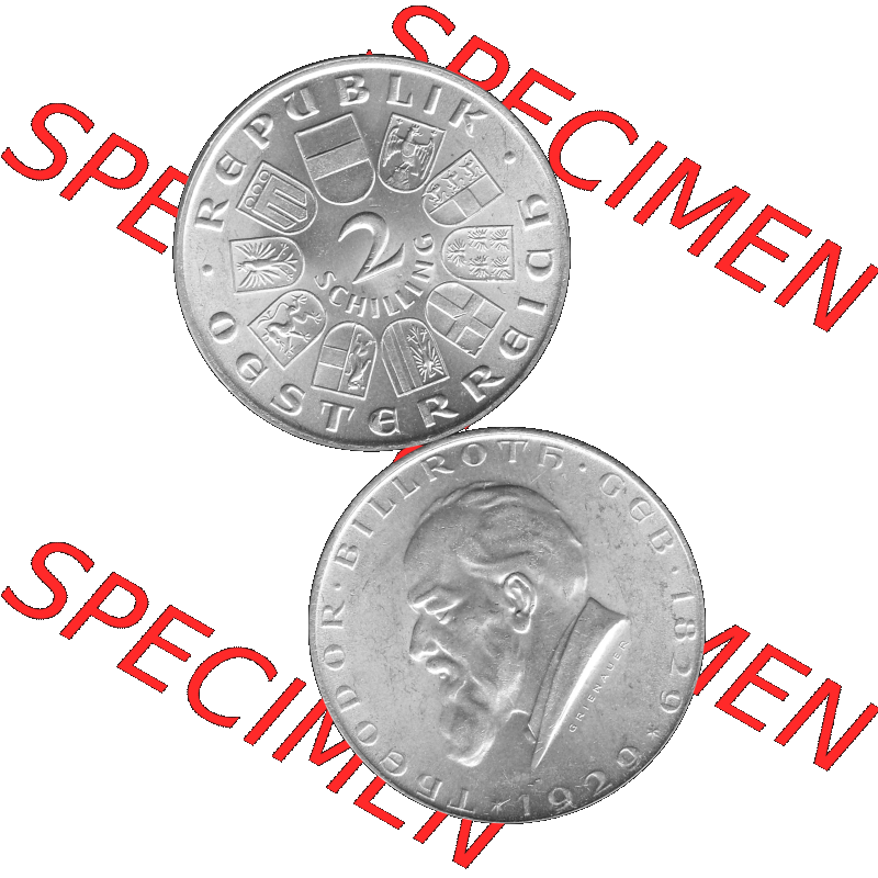 Alte Münze Österreich 1929-1929, 2 Schilling 1929-01, Silbermünze Theodor Billroth Graustufen. Vorderseite und Rückseite in Graustufen der 2 / Zwei Schilling-Münze... Sammlung