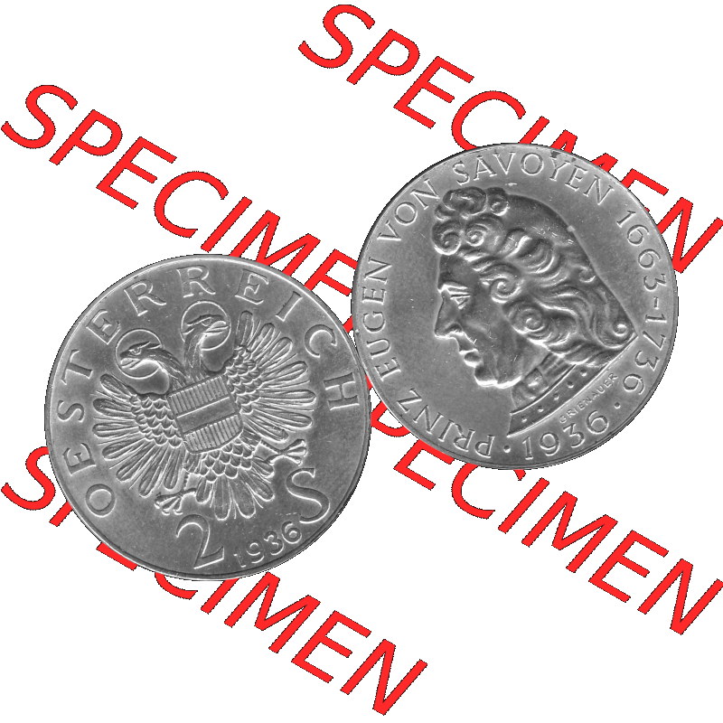 Alte Münze Österreich 1936-1936, 2 Schilling 1936-01 Silbermünze Prinz von Savoyen 1663-1736, 12 Gramm 640er Silber Graustufen. Vorderseite und Rückseite der Österreich... Sammlung