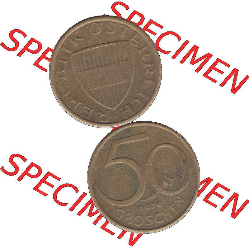 Alte Münze 50 / Fünfzig Groschen Österreich in original Farbgebung von Scanner transparenten PNG 1959-2001, 50 Groschen 1976-01, Bindenschild. Vorderseite und Rückseite... Sammlung