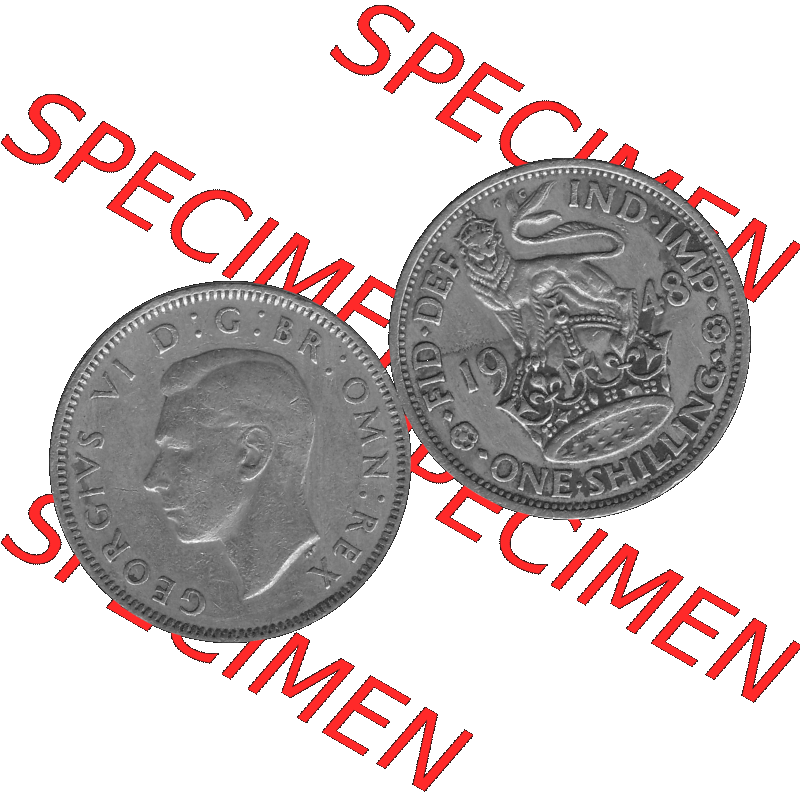 Alte Münze Großbritannien, Bild in s/w bzw. Graustufen PNG-Grafik 1947-1948, 1 One Schilling - One Shilling, 1948-04 Stehender gekrönter Löwe auf Krone... Sammlung