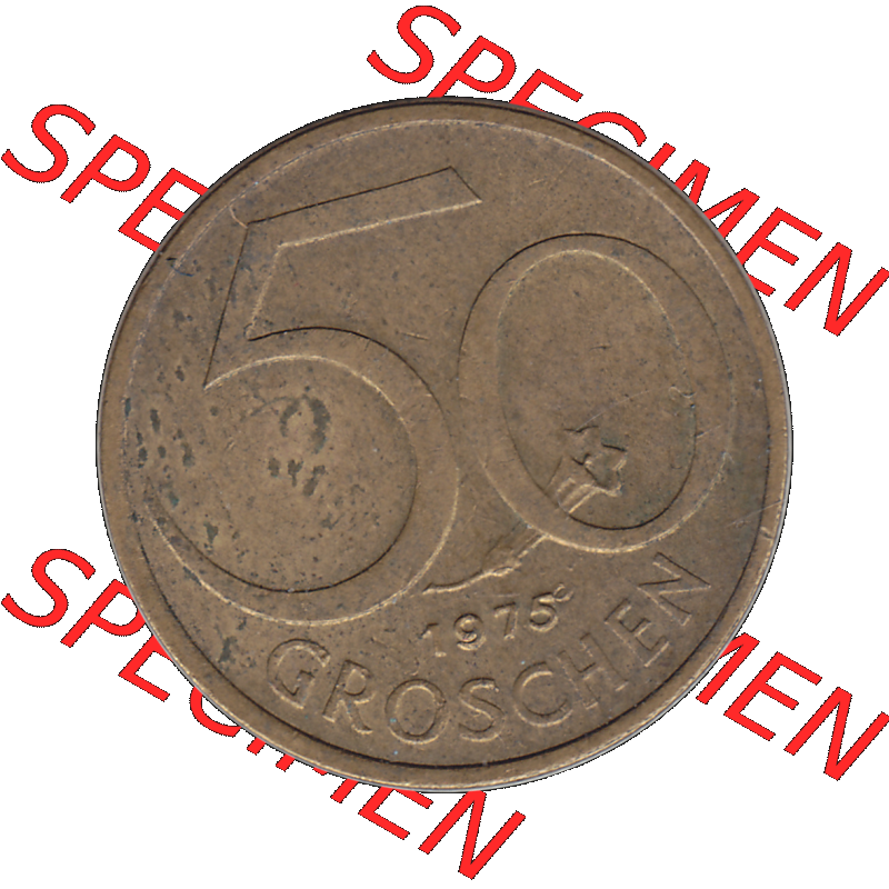 Alte Münze 50 / Fünfzig Groschen Österreich in original Farbgebung von Scanner transparenten PNG 1959-2001, 50 Groschen 1975-01, Bindenschild. Rückseite der alten... Sammlung