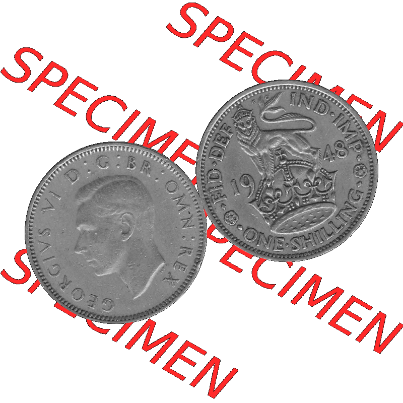 Alte Münze Großbritannien, Bild in s/w bzw. Graustufen PNG-Grafik 1947-1948, 1 One Schilling - One Shilling, 1948-07 Stehender gekrönter Löwe auf Krone... Sammlung