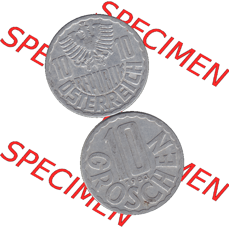 Alte Münze 10 / Zehn Groschen Österreich in original Farbgebung von Scanner transparenten PNG 1951-2001, 10 Groschen 1953-01. Vorderseite und Rückseite der Kursmünze... Sammlung