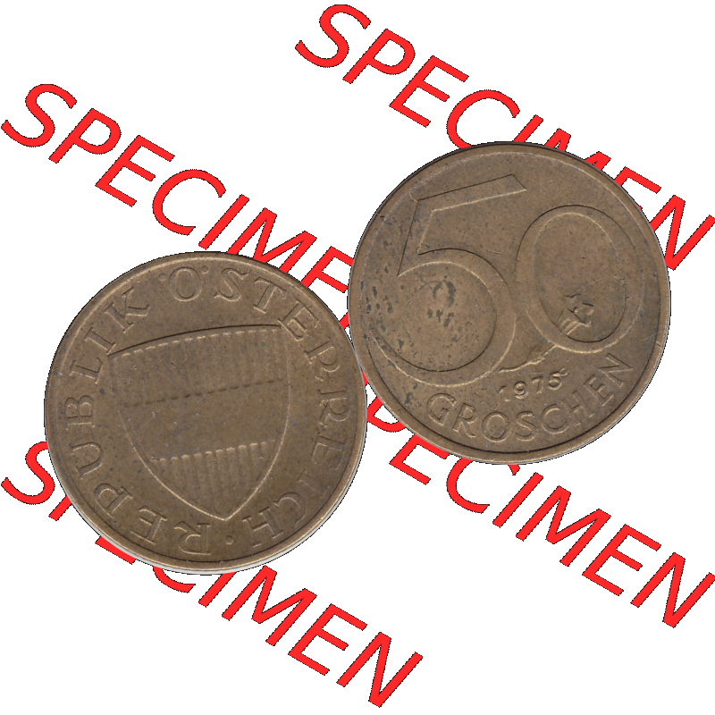 Alte Münze 50 / Fünfzig Groschen Österreich in original Farbgebung von Scanner transparenten PNG 1959-2001, 50 Groschen 1975-01, Bindenschild. Vorderseite und Rückseite... Sammlung