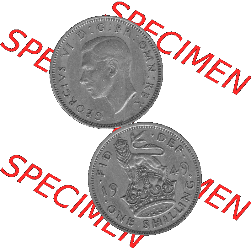 Alte Münze Großbritannien, Bild in s/w bzw. Graustufen PNG-Grafik 1949-1951, 1 One Schilling - One Shilling, 1949-01 Stehender gekrönter Löwe auf Krone... Sammlung