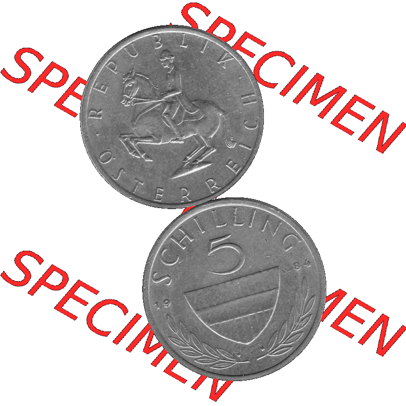 Alte Münze 5 / Fünf Schilling Österreich in s/w Schwarzweiß bzw. Graustufen Farbgebung von Scanner transparenten PNG 1968-2001, 5 Schilling 1984-01, Reiter... Sammlung