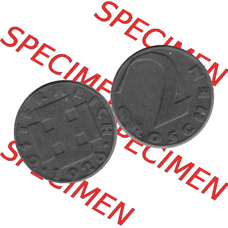 Alte Münze 2 / Zwei Groschen Österreich in s/w Schwarzweiß bzw. Graustufen Farbgebung von Scanner transparenten PNG 1925-1938, 2 Zwei Groschen, Krückenkreuz... Sammlung