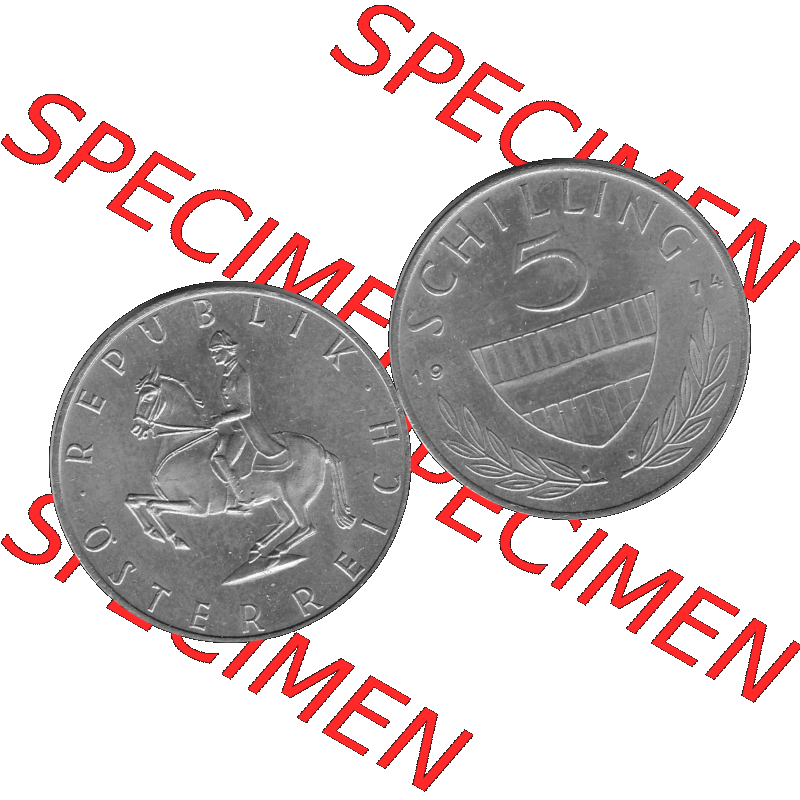 Alte Münze 5 / Fünf Schilling Österreich in s/w Schwarzweiß bzw. Graustufen Farbgebung von Scanner transparenten PNG 1968-2001, 5 Schilling 1974-01, Reiter... Sammlung