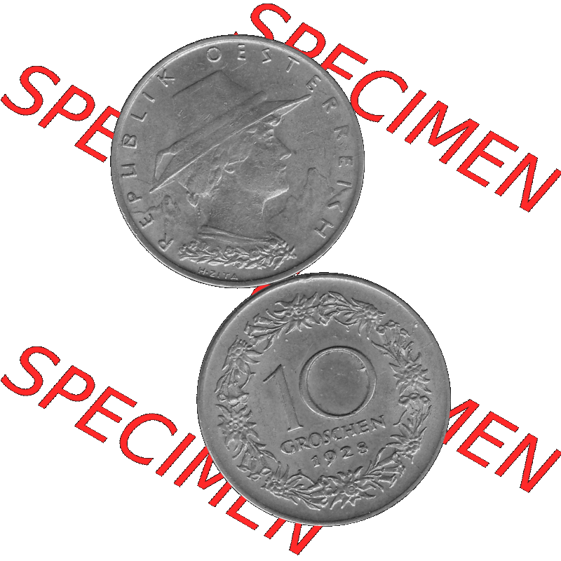 Alte Münze 10 / Zehn Groschen Österreich in s/w Schwarzweiß bzw. Graustufen Farbgebung von Scanner transparenten PNG 1925-1929, 10 Groschen 1928-01, VS Triolerien,... Sammlung
