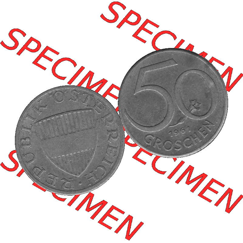 Alte Münze 50 / Fünfzig Groschen Österreich in s/w Schwarzweiß bzw. Graustufen Farbgebung von Scanner transparenten PNG 1959-2001, 50 Groschen 1961-01, Bindenschild... Sammlung