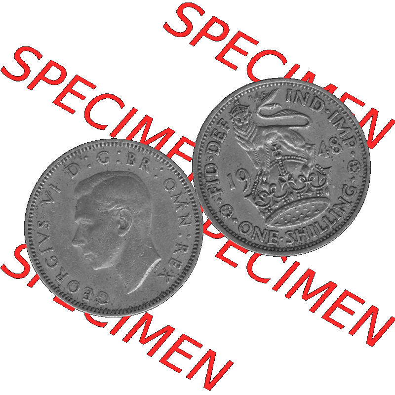 Alte Münze Großbritannien, Bild in s/w bzw. Graustufen PNG-Grafik 1947-1948, 1 One Schilling - One Shilling, 1948-05 Stehender gekrönter Löwe auf Krone... Sammlung