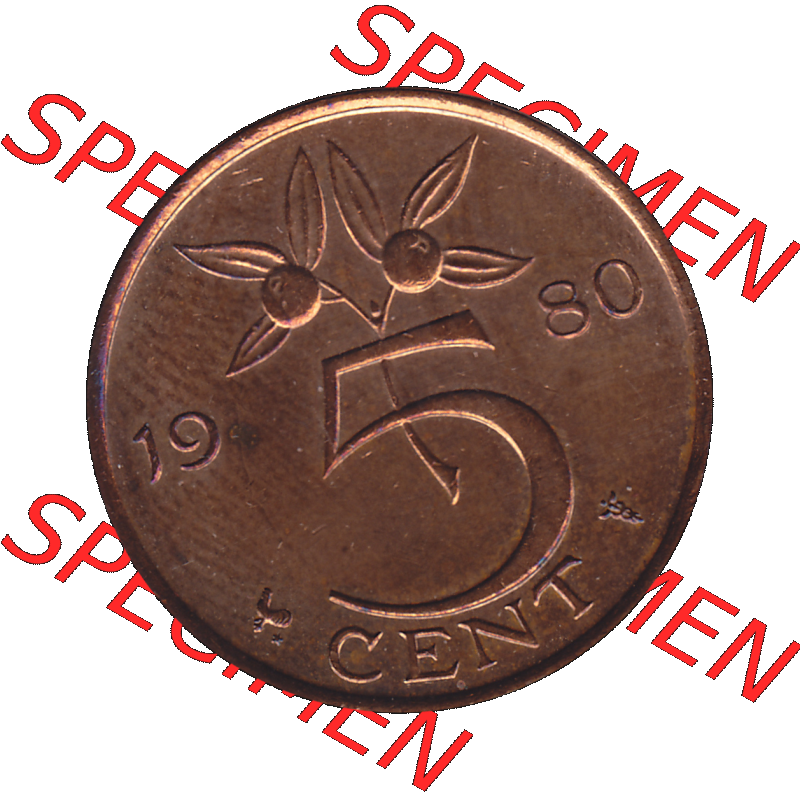 Alte Münze Niederlande in Farbe 1950-1980, 5 Cent Königin Juliana 1980-02. Rückseite der alten niederländischen 5 Cent Umlaufmünze aus den Niederlanden, Münze... Sammlung