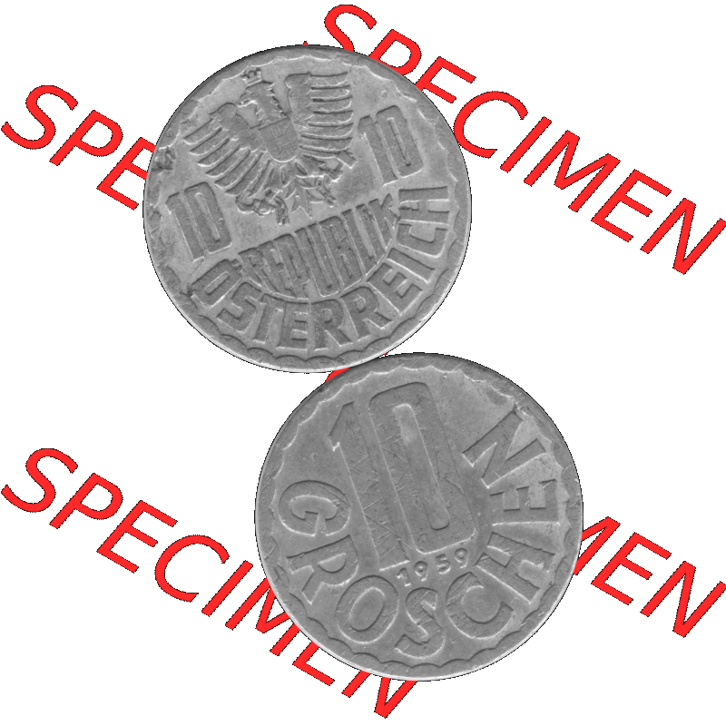 Alte Münze 10 / Zehn Groschen Österreich in s/w Schwarzweiß bzw. Graustufen Farbgebung von Scanner transparenten PNG 1951-2001, 10 Groschen 1959-01 Graustufen.... Sammlung