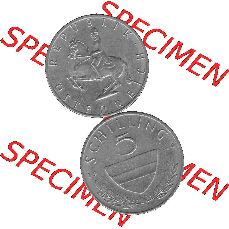 Alte Münze 5 / Fünf Schilling Österreich in s/w Schwarzweiß bzw. Graustufen Farbgebung von Scanner transparenten PNG 1968-2001, 5 Schilling 1988-01, Reiter... Sammlung