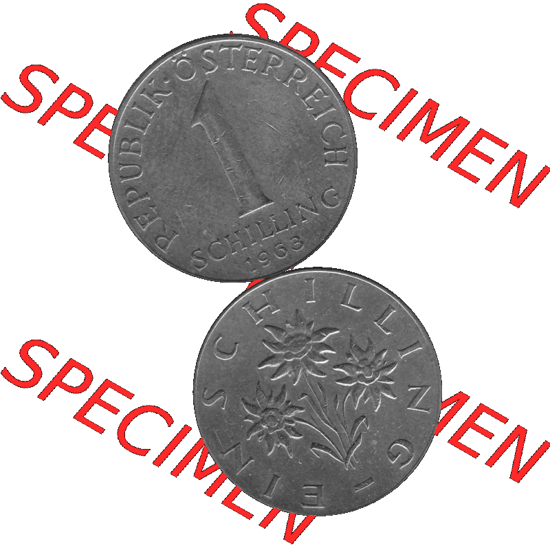 Alte Münzen Österreich 1 / Ein Schilling 1959-2001, 1 Schilling 1963-01, Edelweiß Graustufen. Vorderseite und Rückseite in Graustufen der 1 / Ein Schilling-Münze... Sammlung