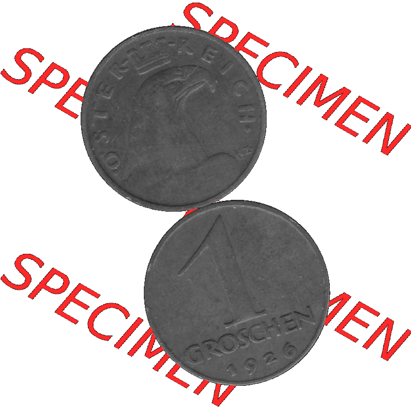 Alte Münze 1 / Ein Groschen Österreich in s/w Schwarzweiß bzw. Graustufen Farbgebung von Scanner transparenten PNG 1925-1938, 1-Ein Groschen, Adlerkopf mit Mauerkrone... Sammlung