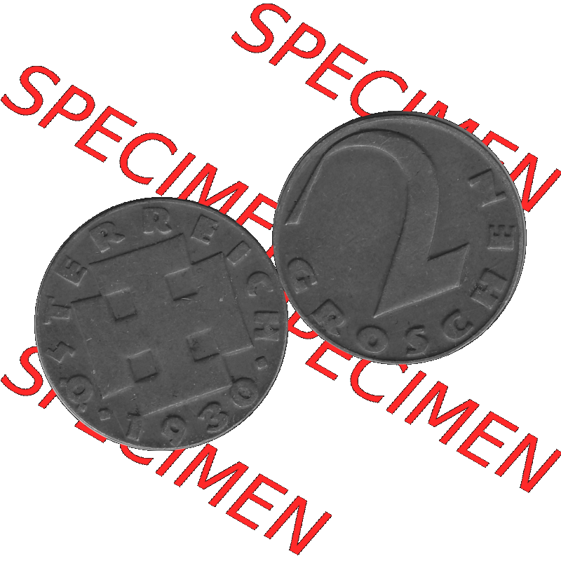Alte Münze 2 / Zwei Groschen Österreich in s/w Schwarzweiß bzw. Graustufen Farbgebung von Scanner transparenten PNG 1925-1938, 2 Zwei Groschen, Krückenkreuz... Sammlung