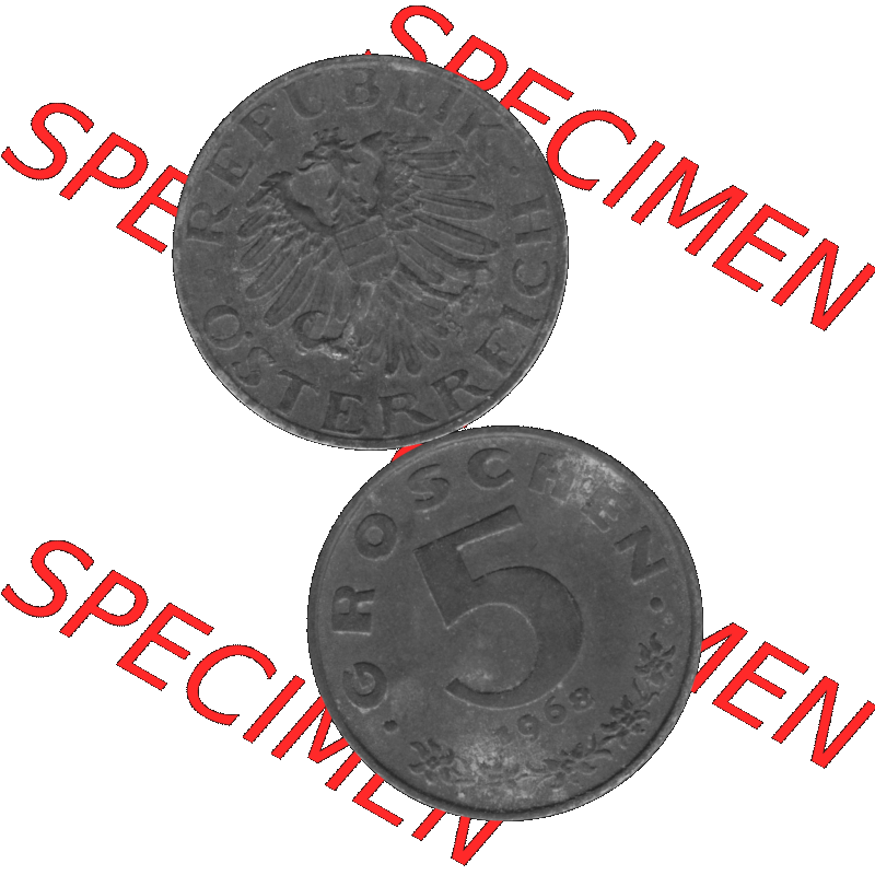 Alte Münzen Österreich 5 / Fünf Groschen in s/w / grau / Graustufen 1948-1994, 5 Groschen 1968-02 Graustufen. Vorderseite und Rückseite in Graustufen der... Sammlung