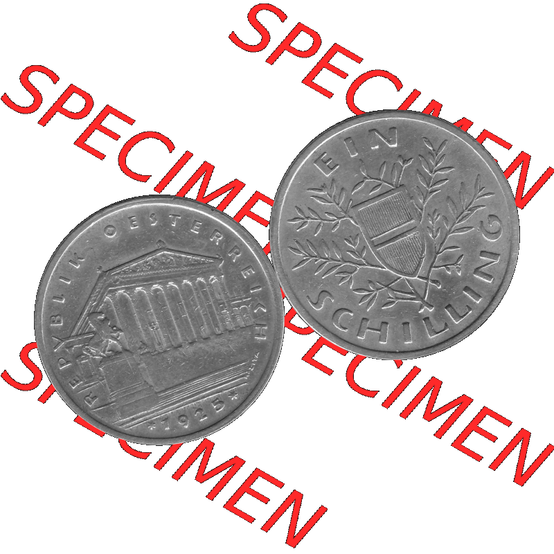 Alte Münzen Österreich Ein - 1 Schilling 1925-1932, 1 Schilling 1925-01 Silbermünze Parlamentsgebäude in Wien, Bindenschild 6 Gramm 640er Silber Graustufen. Vorderseite... Sammlung