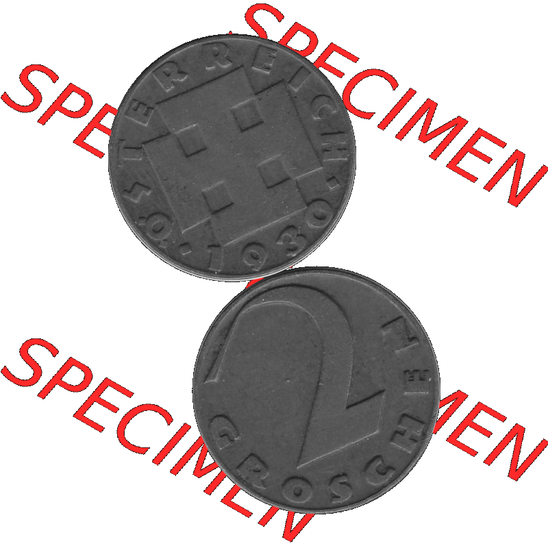Alte Münze 2 / Zwei Groschen Österreich in s/w Schwarzweiß bzw. Graustufen Farbgebung von Scanner transparenten PNG 1925-1938, 2 Zwei Groschen, Krückenkreuz... Sammlung