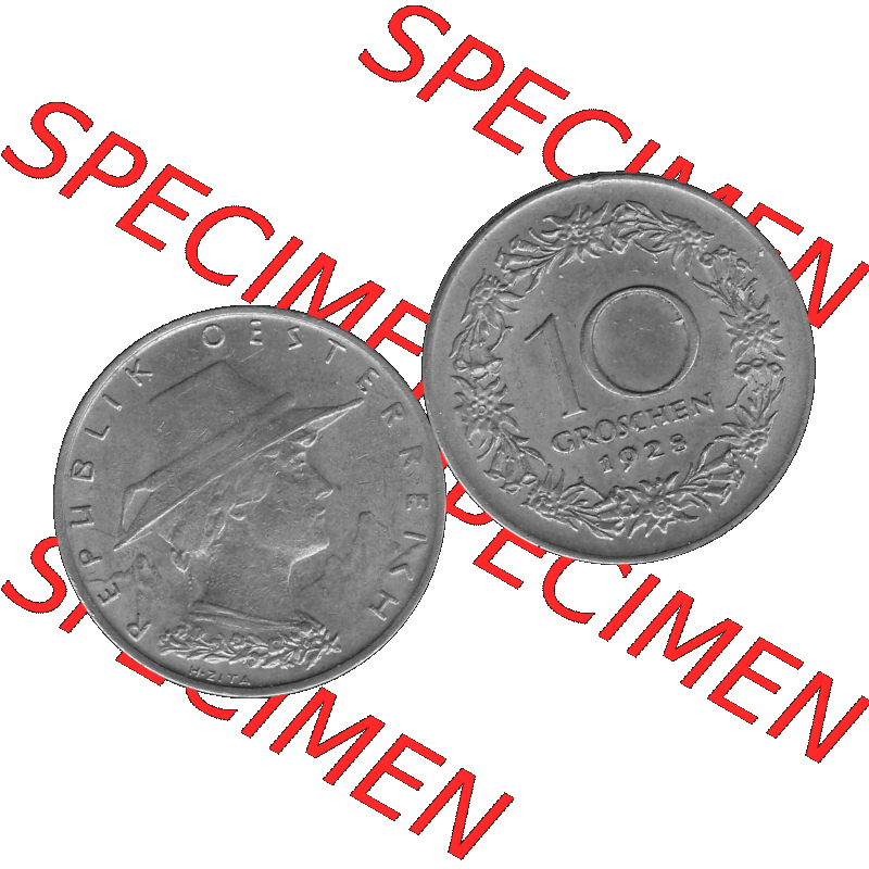 Alte Münze 10 / Zehn Groschen Österreich in s/w Schwarzweiß bzw. Graustufen Farbgebung von Scanner transparenten PNG 1925-1929, 10 Groschen 1928-01, VS Triolerien,... Sammlung