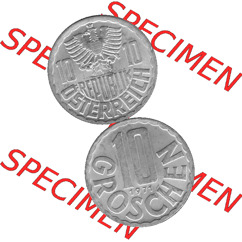 Alte Münze 10 / Zehn Groschen Österreich in s/w Schwarzweiß bzw. Graustufen Farbgebung von Scanner transparenten PNG 1951-2001, 10 Groschen 1971-01 Graustufen.... Sammlung
