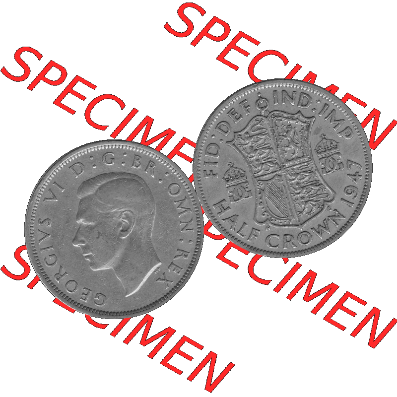 Alte Münze Großbritannien, Bild in s/w bzw. Graustufen PNG-Grafik 1947-1948, Halbe - 1/2 Krone, Half Crown 1947-01, George VI, FID DEF IND IMP HALF... Sammlung