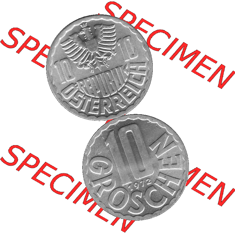 Alte Münze 10 / Zehn Groschen Österreich in s/w Schwarzweiß bzw. Graustufen Farbgebung von Scanner transparenten PNG 1951-2001, 10 Groschen 1972-01 Graustufen.... Sammlung
