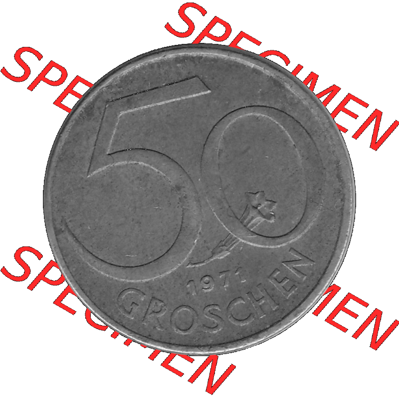 Alte Münze 50 / Fünfzig Groschen Österreich in s/w Schwarzweiß bzw. Graustufen Farbgebung von Scanner transparenten PNG 1959-2001, 50 Groschen 1971-01, Bindenschild... Sammlung