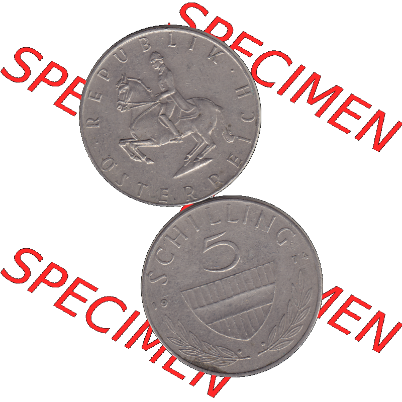 Alte Münze 5 / Fünf Schilling Österreich in original Farbgebung von Scanner transparenten PNG 1968-2001, 5 Schilling 1974-02, Reiter in der Levade. Vorderseite und... Sammlung