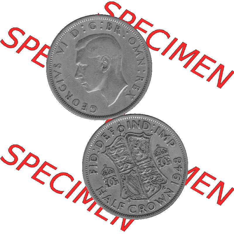Alte Münze Großbritannien, Bild in s/w bzw. Graustufen PNG-Grafik 1947-1948, Halbe - 1/2 Krone, Half Crown 1948-02 , George VI, FID DEF IND IMP HALF... Sammlung