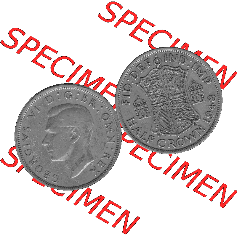 Alte Münze Großbritannien, Bild in s/w bzw. Graustufen PNG-Grafik 1947-1948, Halbe - 1/2 Krone, Half Crown 1948-01, George VI, FID DEF IND IMP HALF... Sammlung