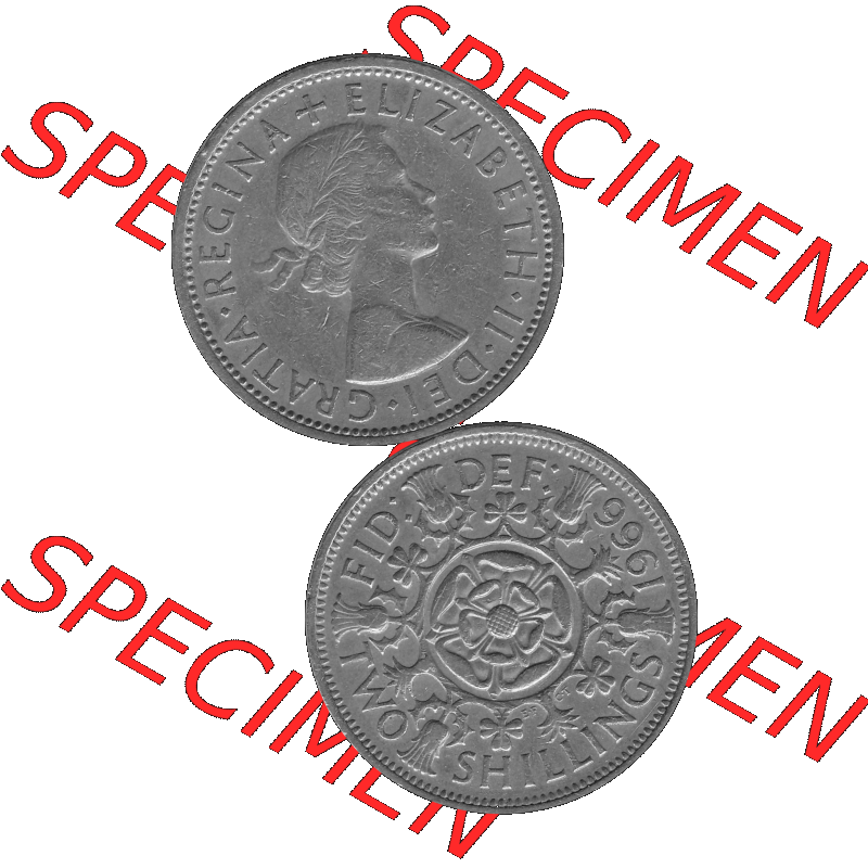 Alte Münze Großbritannien, Bild in s/w bzw. Graustufen PNG-Grafik, Umlaufmünze aus dem Zeitraum 1954-1970, 2 Schilling-Florin, Two Shillings, 1966-04... Sammlung