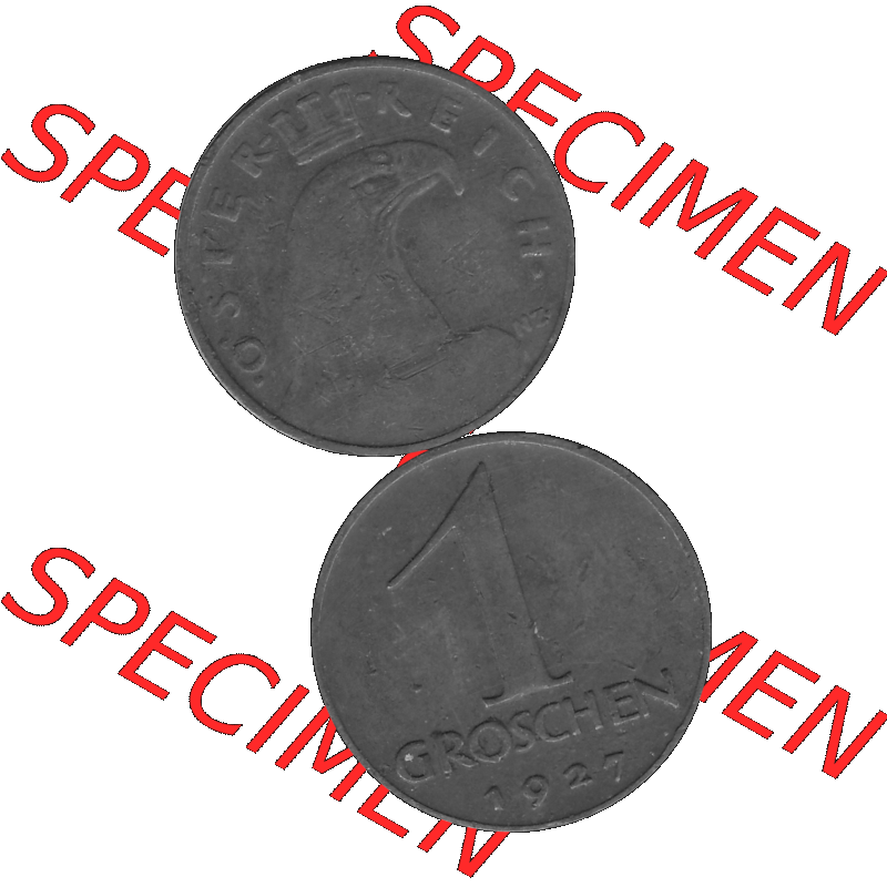 Alte Münze 1 / Ein Groschen Österreich in s/w Schwarzweiß bzw. Graustufen Farbgebung von Scanner transparenten PNG 1925-1938, 1-Ein Groschen, Adlerkopf mit Mauerkrone... Sammlung