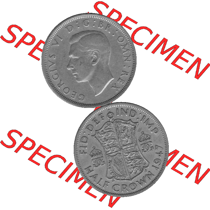 Alte Münze Großbritannien, Bild in s/w bzw. Graustufen PNG-Grafik 1947-1948, Halbe - 1/2 Krone, Half Crown 1947-01, George VI, FID DEF IND IMP HALF... Sammlung
