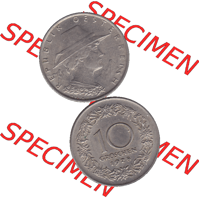 Alte Münze 10 / Zehn Groschen Österreich in original Farbgebung von Scanner transparenten PNG 1925-1929, 10 Groschen 1928-01, VS Triolerien, RS Wert mit Kranz. Vorderseite... Sammlung