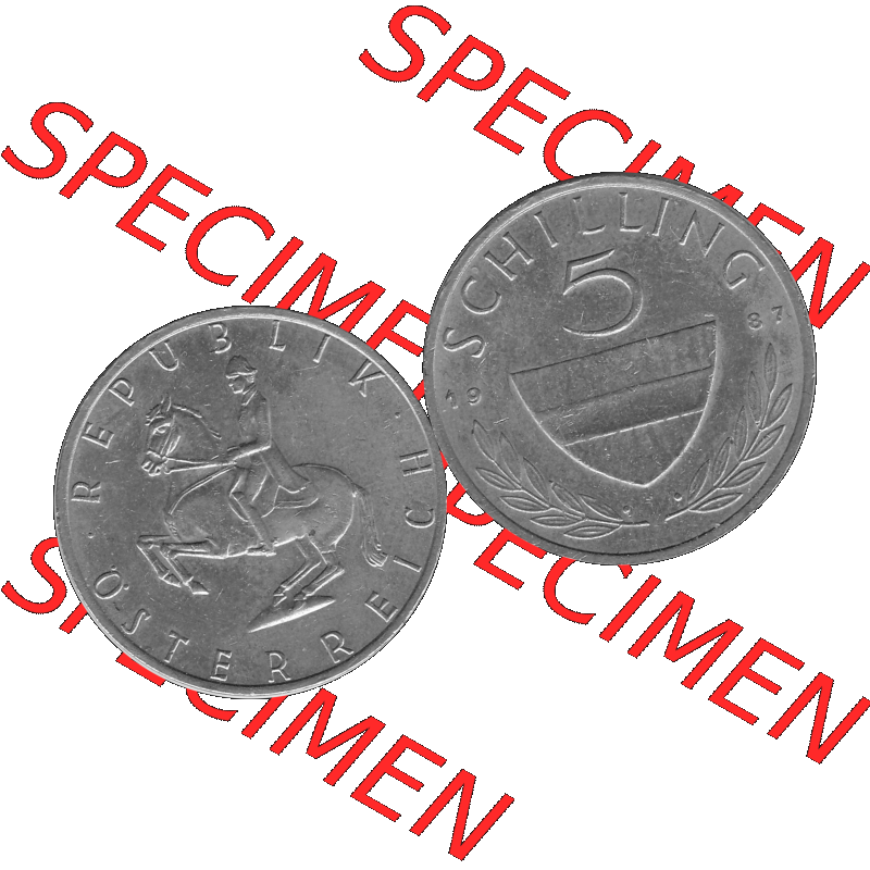 Alte Münze 5 / Fünf Schilling Österreich in s/w Schwarzweiß bzw. Graustufen Farbgebung von Scanner transparenten PNG 1968-2001, 5 Schilling 1987-01, Reiter... Sammlung